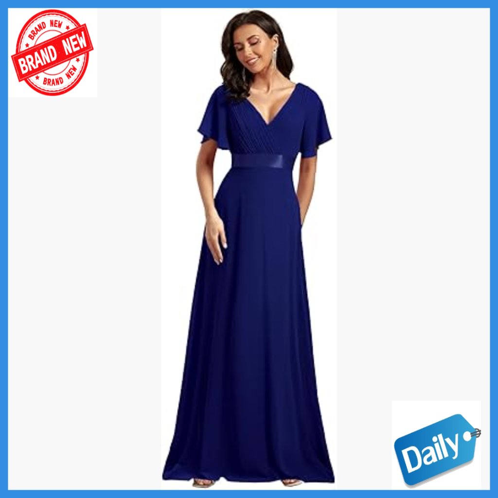 Chiffon Formal Dress With V-Neck Empire Waist Flutter Sleeves High Low Hem